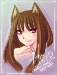 Rule 34 | 00s, 1girl, animal ears, blunt bangs, blush, character name, closed mouth, english text, engrish text, eyebrows, holo, looking at viewer, pink background, ranguage, simple background, smirk, solo, spice and wolf, text focus, upper body, wolf ears
