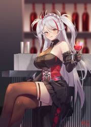 Rule 34 | 1girl, alcohol, arm garter, azur lane, bar (place), bar stool, belt collar, black dress, black gloves, blush, brown thighhighs, collar, cross, crossed legs, cup, dress, drink, drinking glass, elbow gloves, frilled dress, frills, gloves, highres, holding, holding cup, holding drink, iron cross, long hair, looking at viewer, maid headdress, multicolored hair, orange eyes, prinz eugen (azur lane), prinz eugen (kindred evening spirits) (azur lane), shimotsuki shio, sitting, solo, stool, streaked hair, thighhighs, thighs, tongue, tongue out, two side up, white hair, wine, wine glass, wrist cuffs