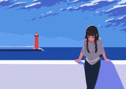 Rule 34 | 1girl, black hair, black pants, blue eyes, blue sky, closed mouth, cloud, commentary request, day, highres, horizon, kaneni, lighthouse, long hair, long sleeves, ocean, original, outdoors, pants, shadow, shirt, sky, solo, striped clothes, striped shirt, white shirt