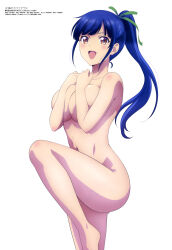 Rule 34 | 1girl, absurdres, barefoot, blue hair, breast hold, breasts, covering privates, covering breasts, hair ribbon, highres, knee up, large breasts, legs, long hair, magazine scan, megami magazine, megami no kafeterasu, navel, noguchi masatsune (anime character design), nude, official art, ponytail, ribbon, scan, seo kouji, smile, solo, thighs, tsuruga ami, white background