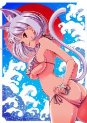 Rule 34 | 1girl, aida kan mori, animal ears, ass, breasts, cat ears, cat girl, cat tail, commentary request, day, grey hair, highres, large breasts, ocean, original, red eyes, short hair, solo, swimsuit, tail, waves