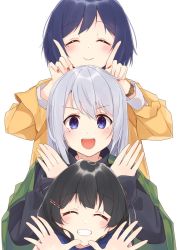 Rule 34 | 3girls, :d, ^ ^, bad id, bad twitter id, black hair, black sweater, blue eyes, blue hair, blue scarf, blush, brown coat, closed eyes, coat, green coat, grin, hair ornament, hairclip, hands up, highres, higuchi kaede, hikari yui, long hair, long sleeves, looking at viewer, medium hair, mole, mole under eye, multiple girls, nail polish, nijisanji, open mouth, palms, red nails, scarf, shizuka rin, simple background, smile, stacking, sweater, teeth, tsukino mito, turtleneck, upper body, upper teeth only, virtual youtuber, watch, white background, white hair, winter clothes, wristwatch
