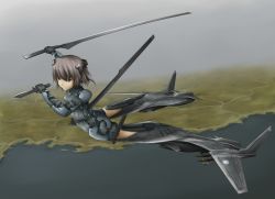 Rule 34 | 1girl, access games, ace combat, ace combat x, bodysuit, bomb, brown hair, dual wielding, explosive, flying, green eyes, hair ornament, hairclip, holding, knife, mecha musume, missile, short hair, solo, strike witches, striker unit, sword, tom-neko (zamudo akiyuki), weapon, world witches series, xr-45, xr-45 cariburn