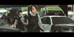 Rule 34 | 1girl, 4girls, absurdres, assault rifle, black gloves, black hair, black skirt, blurry, blurry background, brown eyes, brown hair, bulletproof vest, car, collared shirt, commentary, depth of field, english commentary, faiz azhar, glasses, gloves, grey shirt, gun, h&amp;k hk33, highres, holding, holding gun, holding weapon, letterboxed, motor vehicle, multiple girls, original, outdoors, parted lips, pleated skirt, police, police car, ponytail, rifle, shirt, short hair, short sleeves, skirt, solo focus, standing, weapon, wing collar