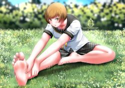Rule 34 | 1girl, absurdres, artist logo, artist name, bare legs, barefoot, black sailor collar, blurry, blurry background, breasts, brown eyes, brown hair, collarbone, commentary, day, depth of field, english commentary, feet, foreshortening, grass, highres, leaning forward, legs, looking at viewer, master sick art, medium breasts, medium hair, nail polish, neckerchief, on ground, open mouth, outdoors, persona, persona 4, plaid, plaid skirt, sailor collar, satonaka chie, school uniform, shadow, shirt, short sleeves, skirt, soles, solo, stretching, thighs, toenails, toes, white shirt, yellow neckerchief