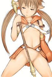Rule 34 | 00s, 1girl, brown hair, covered erect nipples, flat chest, forest keeper nowa, fumio (rsqkr), long hair, no panties, nowa (queen&#039;s blade), nowa (queen's blade), pointy ears, queen&#039;s blade, solo, staff, twintails