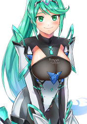 Rule 34 | 1girl, absurdres, breasts, chest jewel, earrings, gloves, greek text, green eyes, green hair, headpiece, highres, jewelry, large breasts, long hair, pneuma (xenoblade), ponytail, simple background, solo, swept bangs, tiara, very long hair, white background, xenoblade chronicles (series), xenoblade chronicles 2, you nf