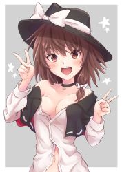 Rule 34 | 1girl, :d, absurdres, bare shoulders, black capelet, black choker, black hat, blush, border, bow, breasts, brown eyes, brown hair, capelet, choker, collarbone, commentary request, double v, eyelashes, grey background, hair between eyes, hair bow, hands up, hat, hat bow, highres, long sleeves, looking at viewer, navel, off shoulder, open mouth, outside border, partially unbuttoned, ramie (ramie541), revision, shirt, short hair, simple background, small breasts, smile, solo, touhou, upper body, usami renko, v, white border, white bow, white shirt