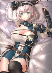 Rule 34 | absurdres, bad id, bad pixiv id, bed, bed sheet, black gloves, black thighhighs, breasts, brown socks, cleavage, fingerless gloves, from above, gloves, green eyes, headband, highres, hololive, kneehighs, large breasts, long sleeves, looking at viewer, lying, mole, mole on breast, on back, open mouth, pillow, shirogane noel, shirogane noel (1st costume), short hair, socks, solo, take (take143000), thighhighs, virtual youtuber, white hair