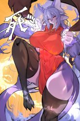 Rule 34 | 1girl, animal ears, aruri (whooo-ya), black thighhighs, blue hair, borrowed character, breasts, china dress, chinese clothes, clenched hand, clenched teeth, dress, furry, furry female, hair between eyes, highres, huge breasts, kantan, long hair, looking at viewer, low-tied long hair, original, pink eyes, red dress, smile, solo, standing, standing on one leg, tail, teeth, thick thighs, thighhighs, thighs, very long hair