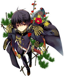 Rule 34 | 1boy, artist request, axis powers hetalia, bad id, bad pixiv id, belt, black hair, brown eyes, buttons, camellia, cape, dark persona, flower, full body, grass, japan (hetalia), jpeg artifacts, katana, male focus, military, military uniform, rose, shoes, short hair, simple background, solo, source request, sword, uniform, weapon, white background