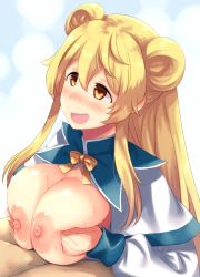 Rule 34 | 1girl, blonde hair, breasts, breasts out, double bun, fuyube rion, hair bun, happy, open mouth, paizuri, sweat