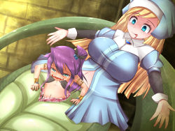 Rule 34 | 2girls, aqua eyes, bad end, blonde hair, bracelet, breasts, evil grin, evil smile, flat chest, green eyes, grin, jewelry, lamia, large breasts, long hair, mon-musu quest!, monster girl, multiple girls, navel, nun, purple hair, ring, saliva, scared, shaded face, sister lamia, smile, tail, tears, teeny (mon-musu quest!), tongue, unbirthing, vore