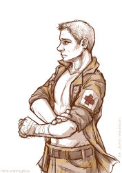 Rule 34 | 1boy, animification, bandages, belt, character name, cross, expressionless, john hamish watson, looking away, male focus, non-web source, open clothes, open shirt, pants, profile, red cross, sherlock (bbc), shirt, short hair, simple background, solo