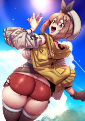 Rule 34 | 1girl, ass, ass focus, atelier (series), atelier ryza, atelier ryza 1, back, backboob, blue sky, breasts, brown eyes, brown hair, butt crack, cloud, day, from behind, hair ornament, hat, highres, hood, huge ass, jewelry, large breasts, looking at viewer, looking back, medium breasts, outdoors, red shorts, reisalin stout, short shorts, shorts, skin tight, sky, solo, thick thighs, thighhighs, thighs, tukiwani, white hat