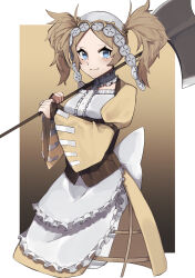 Rule 34 | 1girl, apron, axe, battle axe, black background, blue eyes, border, breasts, brown corset, brown hair, commentary request, corset, cropped legs, dress, fire emblem, fire emblem awakening, frilled apron, frills, gradient background, headdress, highres, holding, holding axe, lissa (fire emblem), long sleeves, medium breasts, nintendo, outside border, over shoulder, pants, parted bangs, partial commentary, puffy long sleeves, puffy sleeves, seinikuten, solo, twintails, weapon, weapon over shoulder, white apron, white border, white headdress, white pants, wide sleeves, yellow background, yellow dress