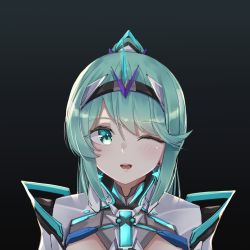 Rule 34 | 1girl, :d, black background, chest jewel, earrings, gradient background, green background, green eyes, green hair, highres, jewelry, long hair, looking at viewer, one eye closed, open mouth, pneuma (xenoblade), ponytail, portrait, sarasadou dan, smile, solo, spoilers, swept bangs, tiara, xenoblade chronicles (series), xenoblade chronicles 2