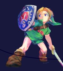 Rule 34 | 1boy, belt, belt buckle, blonde hair, blue eyes, boots, buckle, child, green hat, green tunic, hat, highres, holding, holding sword, holding weapon, hylian shield, link, male focus, nintendo, olxexlo, pointy ears, red belt, shield, short hair, signature, simple background, solo, sword, teeth, the legend of zelda, the legend of zelda: ocarina of time, tunic, unsheathed, weapon, young link