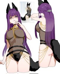 1girl alternate_costume animal_ears bare_shoulders blunt_bangs breasts brown_leotard closed_mouth commentary_request cropped_legs fern_(sousou_no_frieren) groin highres kayuu_(hikentai0112) large_breasts leotard long_hair looking_at_viewer multiple_views purple_eyes purple_hair sousou_no_frieren tail wolf_ears wolf_tail