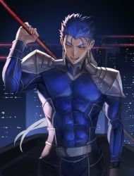 Rule 34 | 1boy, abs, armor, blue hair, bodysuit, building, cu chulainn (fate), earrings, fangs, fate/stay night, fate (series), gae bolg (fate), grin, highres, holding, holding polearm, holding weapon, jewelry, cu chulainn (fate/stay night), long hair, looking at viewer, looking up, makitoshi0316, male focus, muscular, night, open mouth, outdoors, pauldrons, pectorals, polearm, polearm behind back, ponytail, red eyes, shoulder armor, skin tight, skyscraper, slit pupils, smile, solo, spiked hair, type-moon, weapon