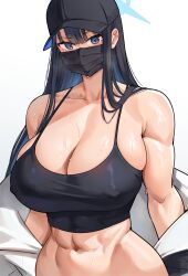 Rule 34 | 1girl, abs, absurdres, black hair, black hat, black mask, blue archive, blue eyes, blue halo, breasts, cleavage, collarbone, commentary, cromwellb, crop top, gradient background, grey background, halo, hat, highres, huge breasts, long hair, looking at viewer, mask, mouth mask, muscular, muscular female, navel, saori (blue archive), solo, sweat