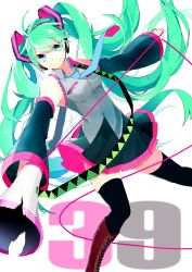 Rule 34 | 1girl, 39, absurdres, alternate color, bad id, bad pixiv id, blue eyes, boots, crack, cross-laced footwear, detached sleeves, green hair, hatsune miku, headphones, highres, knee boots, lace-up boots, long hair, megaphone, necktie, skirt, smile, sogawa66, solo, thighhighs, very long hair, vocaloid, white background