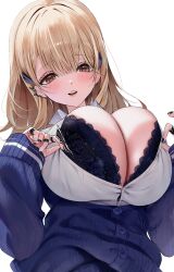 Rule 34 | 1girl, :d, black bra, black nails, blonde hair, blue jacket, blush, bra, breasts, brown eyes, claw ring, cleavage, collared shirt, ear piercing, goddess of victory: nikke, hair ornament, highres, huge breasts, jacket, jewelry, lingerie, long hair, looking at viewer, mole, mole under eye, multiple rings, nail polish, off-shoulder jacket, off shoulder, open mouth, parted lips, partially unbuttoned, piercing, puffy sleeves, ring, shirt, simple background, sleeves past wrists, smile, solo, tia (nikke), trtrpnk, underwear, upper body, white background, white shirt