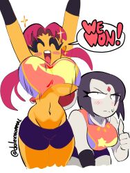 Rule 34 | 2girls, bouncing breasts, breasts, cape, cleavage, closed eyes, dc comics, dnormal11, english text, highres, huge breasts, large breasts, long hair, multiple girls, purple hair, raven (dc), red hair, short hair, starfire, teen titans, underboob