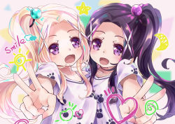 Rule 34 | 2girls, 54hao, :d, blonde hair, blush, breasts, collarbone, commentary, english commentary, english text, forehead, hair bobbles, hair ornament, heart, high ponytail, highres, long hair, looking at viewer, multiple girls, open mouth, original, outstretched arm, print shirt, purple eyes, purple hair, shirt, short sleeves, siblings, side ponytail, sidelocks, sisters, small breasts, smile, sun symbol, twins, upper body, v, very long hair, white shirt, x hair ornament