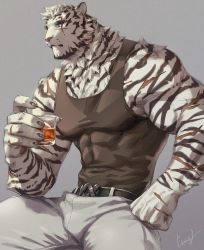 Rule 34 | 1boy, animal ears, arknights, bara, bare arms, bare shoulders, belt, black belt, black tank top, bulge, chest tuft, covered abs, cup, drinking glass, furry, furry male, gentle2nd, large pectorals, looking at viewer, male focus, mountain (arknights), muscular, muscular male, pants, pectorals, scar, scar across eye, scar on arm, scar on face, short hair, sidepec, solo, spread legs, tank top, thick thighs, thighs, tiger boy, tiger ears, tiger stripes, tight clothes, tight pants, white fur, white pants