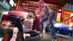 Rule 34 | 2girls, blue car, blue eyes, car, chain, commentary, demon-chan (demondice), demondice, denim, detached sleeves, english commentary, hair over eyes, highres, jacket, jeans, landacdeus, motor vehicle, multiple girls, nissan, nissan gt-r, open mouth, pants, pink hair, red car, smile, sports car, spread legs, teeth, upper teeth only, vehicle request, white footwear, white hair, white jacket, yoga pants