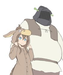 Rule 34 | 1boy, 1girl, amiya (arknights), animal ears, arknights, blue eyes, brown sash, brown vest, closed mouth, commentary, cosplay, doctor (arknights), doctor (arknights) (cosplay), donkey (shrek) (coslay), ears through headwear, english commentary, hands up, height difference, hood, hood up, jalm, long sleeves, shrek, shrek (series), simple background, smile, standing, vest, white background