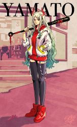 Rule 34 | 1girl, alternate costume, black thighhighs, casual, character name, closed mouth, club, club (weapon), contemporary, curled horns, cutoffs, day, earrings, expressionless, full body, green hair, hand in pocket, hand up, highres, holding, holding weapon, hood, hood down, hooded jacket, hoodie, horns, jacket, jewelry, kanabou, lips, long hair, long sleeves, looking at viewer, microskirt, multicolored hair, one piece, oni, open clothes, open jacket, outdoors, over shoulder, platinum blonde hair, pocket, red horns, sherumaru (korcht06), shoes, shorts, shorts under skirt, sidelocks, signature, skirt, solo, standing, suspenders, suspenders hanging, thighhighs, two-tone hair, unzipped, very long hair, weapon, weapon over shoulder, yamato (one piece), zipper, zipper pull tab