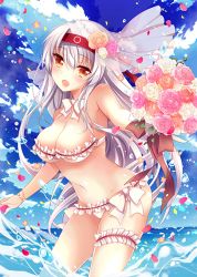 Rule 34 | 10s, alternate costume, bad id, bad pixiv id, bikini, bouquet, breasts, bridal veil, cloud, collarbone, day, flower, frilled bikini, frills, gloves, groin, ichiyou moka, kantai collection, leaning forward, long hair, looking at viewer, medium breasts, midriff, navel, off shoulder, outdoors, revealing clothes, rose, shoukaku (kancolle), sky, solo, standing, standing on liquid, stomach, straight hair, swimsuit, thigh strap, thighs, underboob, veil, water, white gloves, white hair, yellow eyes
