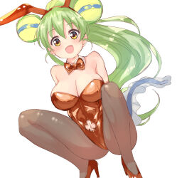 Rule 34 | 1girl, :d, absurdres, animal ears, arms behind back, bare shoulders, blush, bow, bowtie, breasts, brown eyes, brown pantyhose, cleavage, clothing cutout, club cutout, collar, detached collar, fake animal ears, frog girl, green hair, hair between eyes, hairband, high heels, high ponytail, highres, jacklyn (show by rock!!), knees up, large breasts, leotard, long hair, looking at viewer, navel, navel cutout, nyama, open mouth, pantyhose, playboy bunny, ponytail, rabbit ears, red bow, red bowtie, red footwear, red hairband, red leotard, red theme, shoes, show by rock!!, simple background, smile, solo, squatting, strapless, strapless leotard, tadpole tail, tail, very long hair, white background, white collar, wing collar