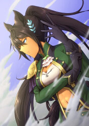 Rule 34 | 1girl, 417 (shiina), adjusting clothes, adjusting gloves, animal ears, ascot, belt, black belt, black gloves, black hair, blue eyes, breasts, cleavage, closed mouth, clothing cutout, commentary request, dark-skinned female, dark skin, gloves, green jacket, green shorts, hair between eyes, hand up, highres, horse ears, horse girl, horse tail, jacket, long hair, long sleeves, medium breasts, navel, navel cutout, partial commentary, partially unbuttoned, ponytail, shirt, shorts, sidelocks, single shoulder pad, solo, standing, symboli kris s (umamusume), tail, tassel, toned, umamusume, white ascot