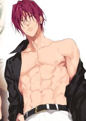 Rule 34 | 1boy, abs, black shirt, blouse, collarbone, free!, from below, hair between eyes, looking at viewer, male focus, matsuoka rin, navel, nipples, okii (oh ki ik), open clothes, open shirt, pants, pectorals, red eyes, red hair, shirt, short hair, single bare shoulder, toned, toned male, wet, wet hair, white pants