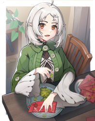 Rule 34 | 1girl, :d, absurdres, ahoge, brown eyes, cardigan, chair, elf, eris kissaten, green cardigan, grey hair, highres, indoors, long hair, long sleeves, mushoku tensei, open cardigan, open clothes, open mouth, pointy ears, sitting, smile, solo, sylphiette (mushoku tensei), upper body, wide sleeves