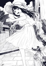 Rule 34 | 1girl, :d, bare shoulders, blush, breasts, capelet, clenched hand, commentary request, dress, flower, greyscale, hat, highres, holding clothes, holding dress, long dress, looking back, medium breasts, medium hair, monochrome, nikaidou kou, no socks, open mouth, original, pavement, plant, running, sandals, smile, solo, stairs, sun hat