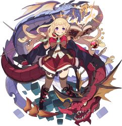 Rule 34 | 1girl, arm up, artist request, bangle, belt, black eyes, black footwear, blonde hair, blunt bangs, blush, book, boots, bow, bowtie, bracelet, brooch, brown thighhighs, brown vest, cagliostro (granblue fantasy), cape, clenched hand, colored sclera, cube, dragon, electricity, female focus, flat chest, frilled skirt, frills, full body, gem, granblue fantasy, grin, hand up, happy, highres, holding, holding book, impaled, jewelry, knee boots, long hair, looking at viewer, miniskirt, nail, non-web source, official art, open book, open mouth, ouroboros (granblue fantasy), outstretched arm, purple eyes, raised eyebrow, red cape, red neckwear, red skirt, sharp teeth, shirt, sidelocks, skirt, sleeveless, sleeveless shirt, smile, solo focus, standing, star (symbol), straight-on, teeth, thighhighs, tiara, transparent background, two-sided cape, two-sided fabric, vambraces, vest, white shirt, world flipper, yellow headwear, yellow sclera, zettai ryouiki