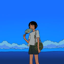 Rule 34 | 1girl, absurdres, bag, black eyes, black shorts, blue sky, choppy bangs, cloud, commentary request, day, fanning self, feet out of frame, food, fruit, fucca, hand fan, hand up, highres, holding, holding fan, looking to the side, net, ocean, original, outdoors, paper fan, parted lips, shirt, short hair, short sleeves, shorts, shoulder bag, sky, solo, standing, t-shirt, uchiwa, watermelon, white shirt