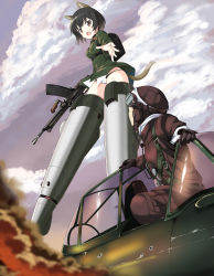 Rule 34 | 1boy, 1girl, a9b (louis814), absurdres, aircraft, airplane, animal ears, backpack, bag, black hair, brown eyes, bullet hole, dog ears, dog tail, flying, gloves, goggles, gun, helmet, highres, katou takeko, military, military uniform, open mouth, panties, reaching, reaching towards viewer, short hair, smoke, strike witches, striker unit, tail, underwear, uniform, weapon, weapon request, world witches series