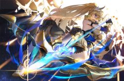 Rule 34 | 1girl, aiming, aiming at viewer, armor, armored dress, arrow (projectile), bare shoulders, bianka durandal ataegina, bianka durandal ataegina (dea anchora), black gloves, blonde hair, blue eyes, bow (weapon), breasts, ether.b, full body, gloves, hair between eyes, hair ornament, holding, holding bow (weapon), holding weapon, honkai (series), honkai impact 3rd, long hair, looking at viewer, polearm, ponytail, sideboob, solo, spear, weapon