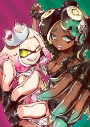 Rule 34 | + +, 2girls, bare shoulders, black gloves, blonde hair, breasts, brown hair, cephalos, cleavage, collared vest, colored skin, crop top, cropped vest, crown, dark-skinned female, dark skin, dress, fangs, fingerless gloves, gloves, gradient hair, green eyes, green hair, green skin, hands up, headphones, high collar, highres, holding hands, inkling, interlocked fingers, long hair, looking at viewer, marina (splatoon), midriff, mole, mole under mouth, multicolored hair, multicolored skin, multiple girls, navel piercing, nintendo, octoling, open mouth, pantyhose, pearl (splatoon), piercing, pink hair, pink pupils, puppeteer7777, purple hair, short dress, short hair, shorts, sleeveless, sleeveless dress, smile, sparkle, splatoon (series), splatoon 2, standing, stomach, striped background, striped clothes, striped shorts, teeth, tentacle hair, unzipped, upper body, vest, yellow eyes, zipper, zipper pull tab