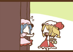 Rule 34 | 2girls, adomi, blonde hair, blue hair, comic, female focus, flandre scarlet, hat, hat ribbon, letterboxed, millipen (medium), multiple girls, open mouth, remilia scarlet, ribbon, siblings, side ponytail, silent comic, sisters, touhou, traditional media, wavy mouth, wings