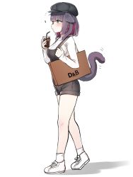 Rule 34 | 1girl, absurdres, animal ears, arknights, bag, black hat, black shorts, blush, breasts, brown bag, cat ears, cat girl, cat tail, commentary, cup, from side, green eyes, hat, highres, holding, holding cup, iced tea, jessica (arknights), k0ng, large breasts, motion lines, multicolored hair, pink hair, purple hair, shadow, shirt, shoes, shopping bag, short hair, shorts, simple background, socks, solo, streaked hair, suspender shorts, suspenders, tail, tail raised, walking, white background, white footwear, white shirt, white socks