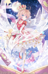 Rule 34 | 1girl, antenna hair, ayasal, blue eyes, blush, brown hair, card, cardcaptor sakura, choker, cleavage cutout, clothing cutout, clow card, commentary, crown, deviantart username, dot nose, dress, elbow gloves, english commentary, eyelashes, falling petals, floating card, full body, gloves, highres, holding, holding card, holding wand, hoshi no tsue, jewelry, kero (cardcaptor sakura), kinomoto sakura, layered dress, looking at viewer, magical girl, moon, multicolored clothes, multicolored dress, night, night sky, pantyhose, petals, puffy short sleeves, puffy sleeves, red choker, red footwear, sakura card, shoes, short hair, short sleeves, sidelocks, sky, smile, solo, standing, standing on one leg, star (sky), star (symbol), starry sky, wand, white gloves, white pantyhose, wings