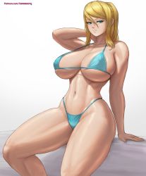 Rule 34 | 1girl, artist name, bare shoulders, blonde hair, blue eyes, blush, breasts, cleavage, collarbone, crop top, curvy, highres, large breasts, long hair, looking to the side, metroid, mole, mole under mouth, navel, nintendo, ponytail, samus aran, sleeveless, solo, stomach, superbusty, thick thighs, thighs, thong, wide hips