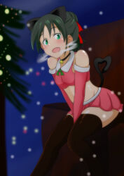 Rule 34 | 1girl, absurdres, alternate hairstyle, animal ears, bell, black choker, black hair, black thighhighs, breath, cat ears, cat tail, choker, christmas tree, commentary, crop top, dress, elbow gloves, fang, francesca lucchini, gloves, green eyes, green ribbon, hair bun, hair ribbon, hair up, heart, heart tail, highres, leaning forward, looking at viewer, microdress, midriff, navel, neck bell, neck ribbon, night, open mouth, outdoors, pleated skirt, red gloves, red ribbon, red shirt, red skirt, ribbon, santa costume, santa gloves, shirt, sitting, skirt, sleeveless, sleeveless shirt, smile, snowing, solo, strike witches, tail, thighhighs, v arms, wanwan 0301, world witches series