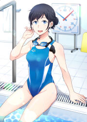 Rule 34 | 1girl, :d, alternate costume, amano hina (tenki no ko), bare arms, black hair, blue eyes, breasts, commentary request, competition swimsuit, covered navel, goggles, goggles around neck, higashi ringo, medium breasts, one-piece swimsuit, open mouth, pool, sitting, smile, solo, swept bangs, unworn swim cap, swimsuit, tenki no ko